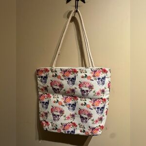 Floral Skull Print Tote Bag